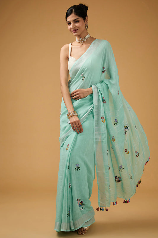 Blue Linen Floral Boota Work Handwoven Saree Set