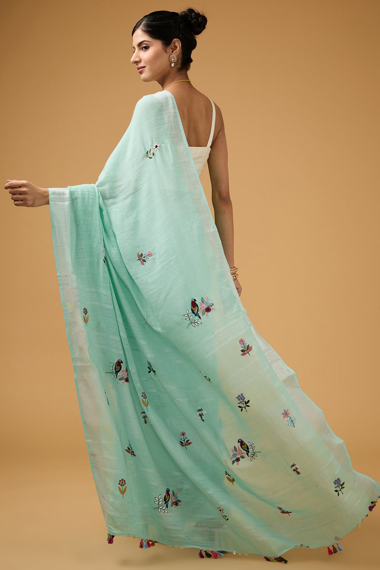 Blue Linen Floral Boota Work Handwoven Saree Set