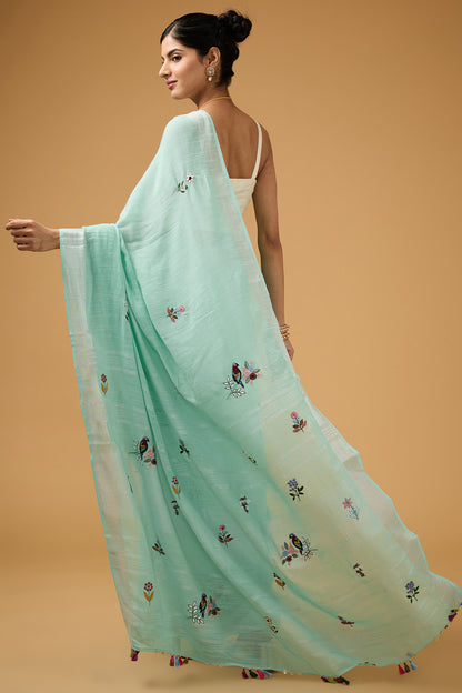 Blue Linen Floral Boota Work Handwoven Saree Set
