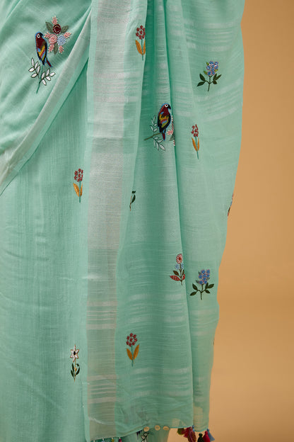 Blue Linen Floral Boota Work Handwoven Saree Set