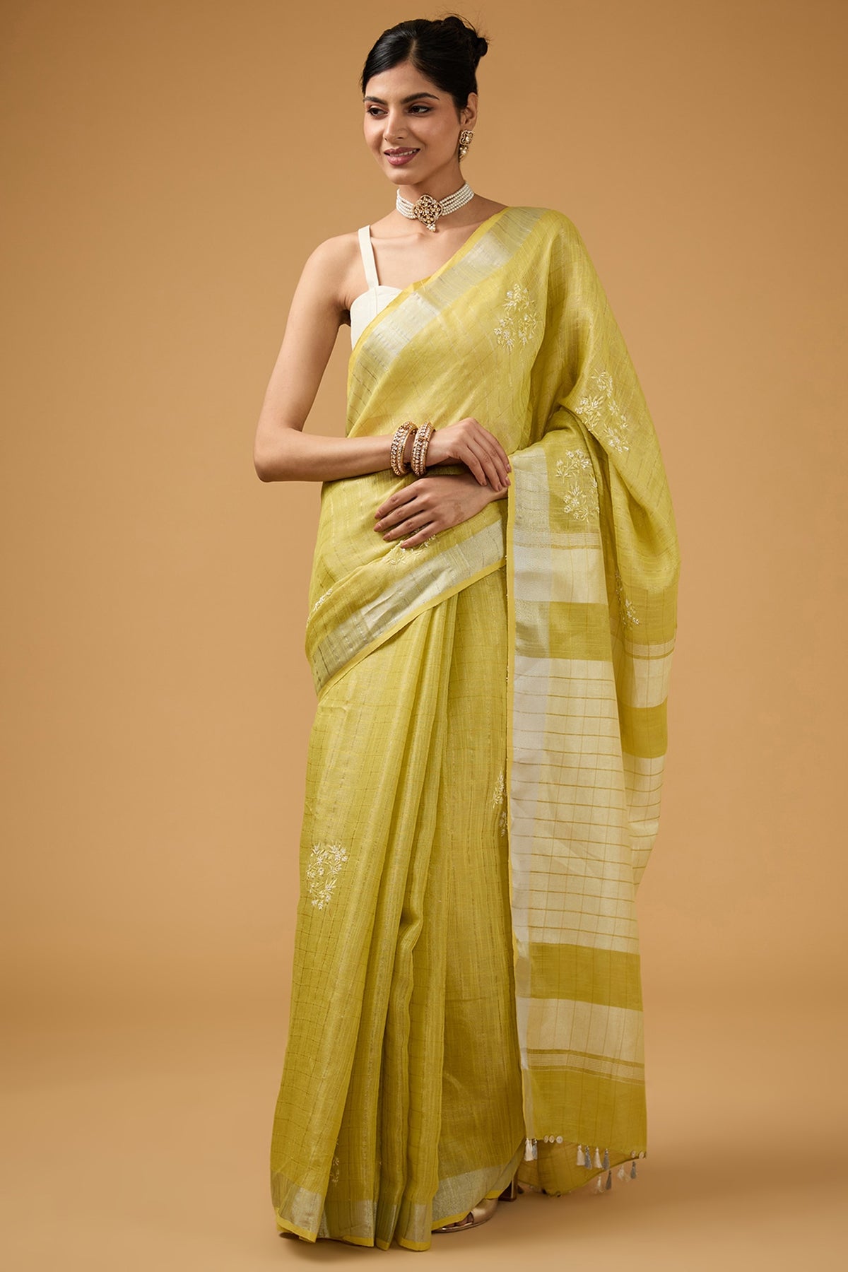 Lime Green Linen Saree with Tassels - Front View | Aharin