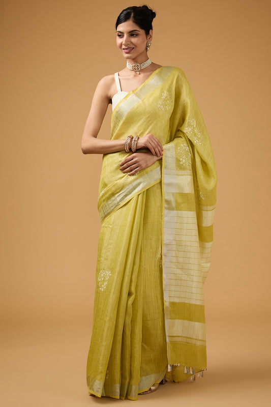 Lime Green Linen Floral Boota Work Handwoven Saree Set