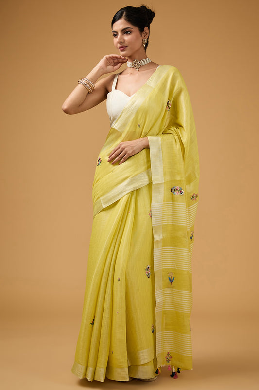 Lime Green Linen Floral Boota Work Handwoven Saree Set