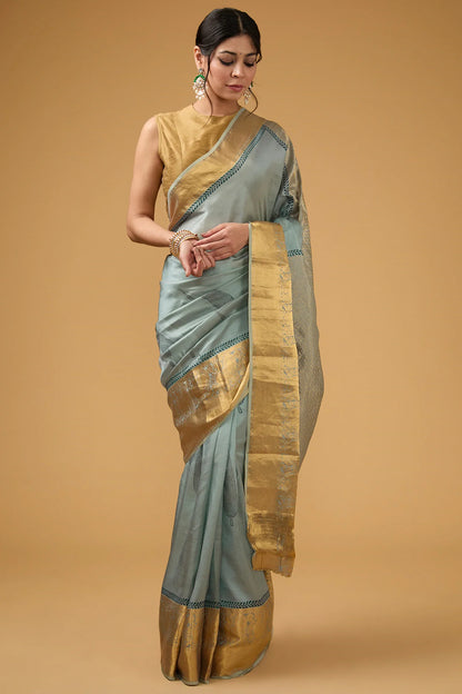 Bluish-Grey Silk Block Printed Saree Set