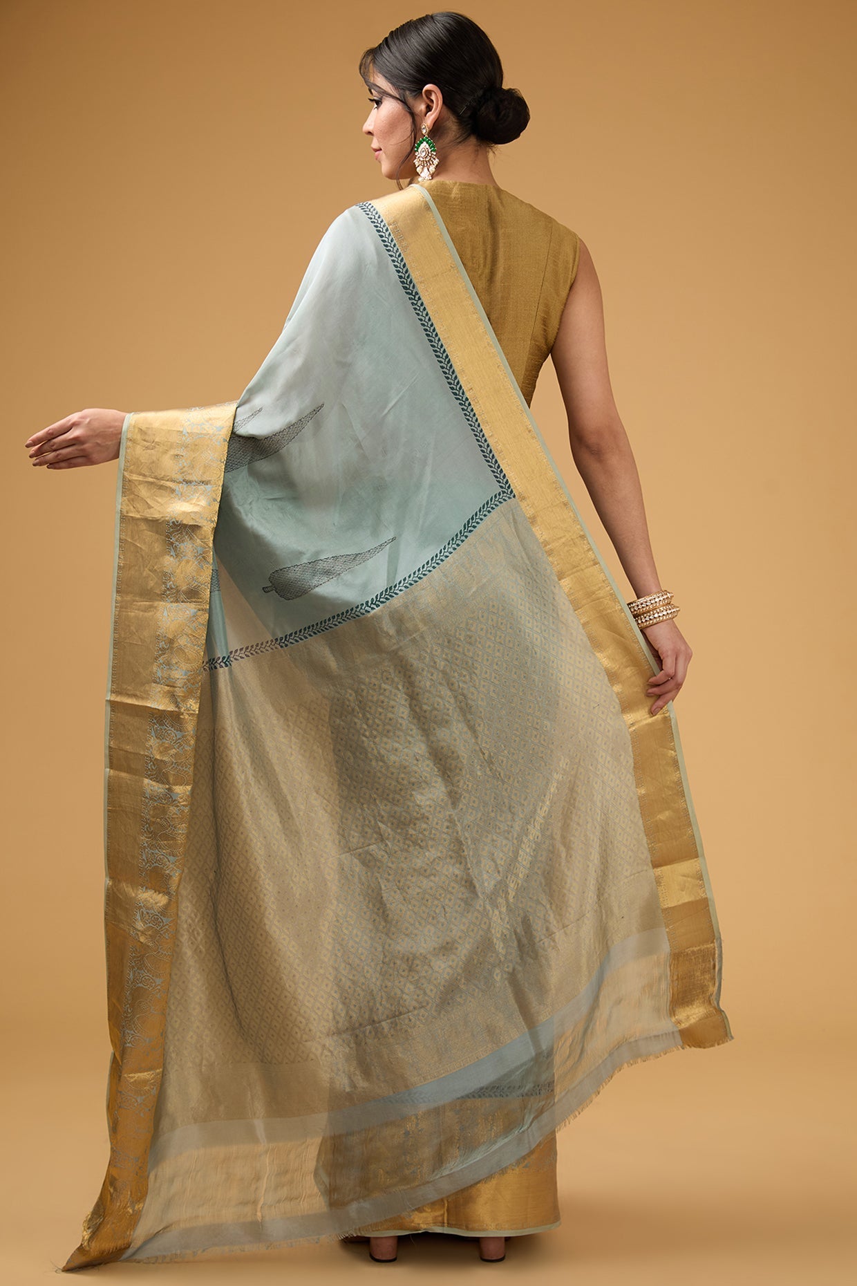 Bluish-Grey Silk Block Printed Saree Set