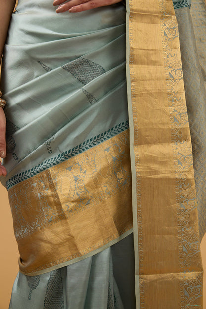 Bluish-Grey Silk Block Printed Saree Set