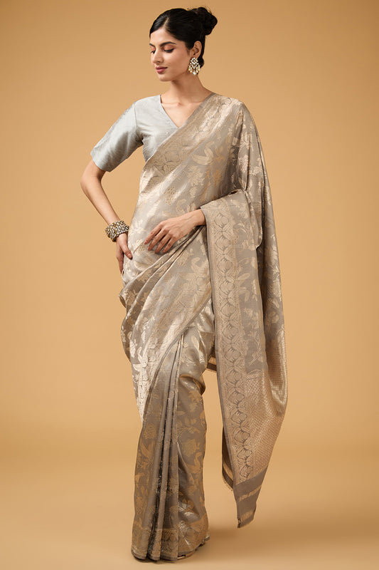Grey Silk Motif Embroidered Banarasi Saree Set