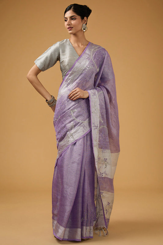 Mauve Linen Floral Motif Embroidered Handwoven Saree Set