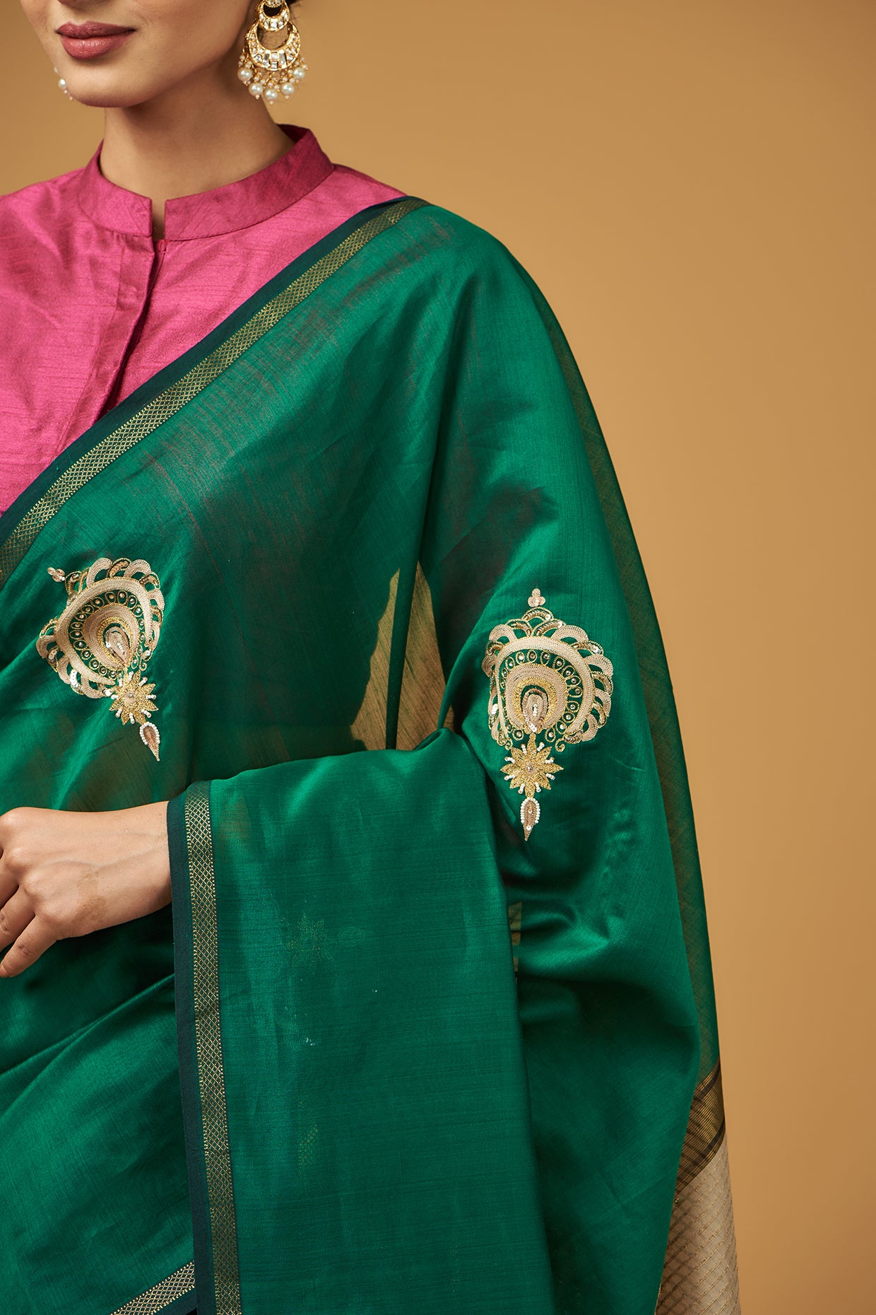 Green Maheshwari Cotton Silk Boota Embroidered Handwoven Saree Set