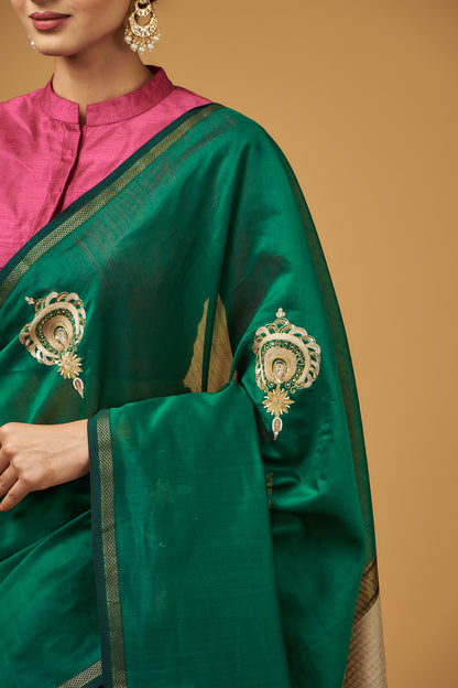 Green Maheshwari Cotton Silk Boota Embroidered Handwoven Saree Set