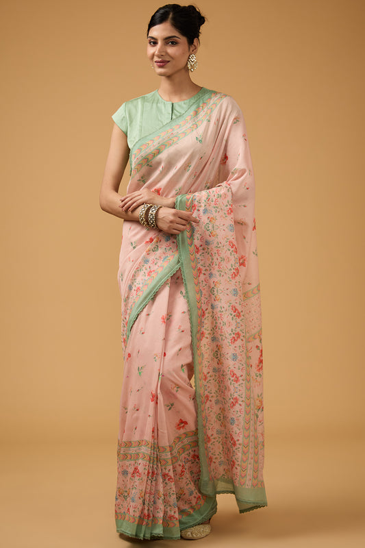 Pink Viscose Modal Silk Floral Printed Saree Set