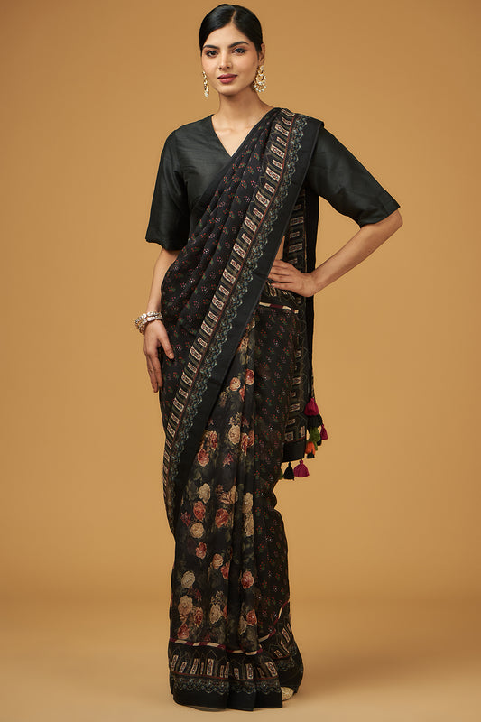 Black Viscose Modal Silk Floral Printed Saree Set