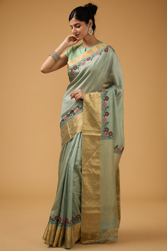 Elegant Green Silk Saree with Floral Embroidery