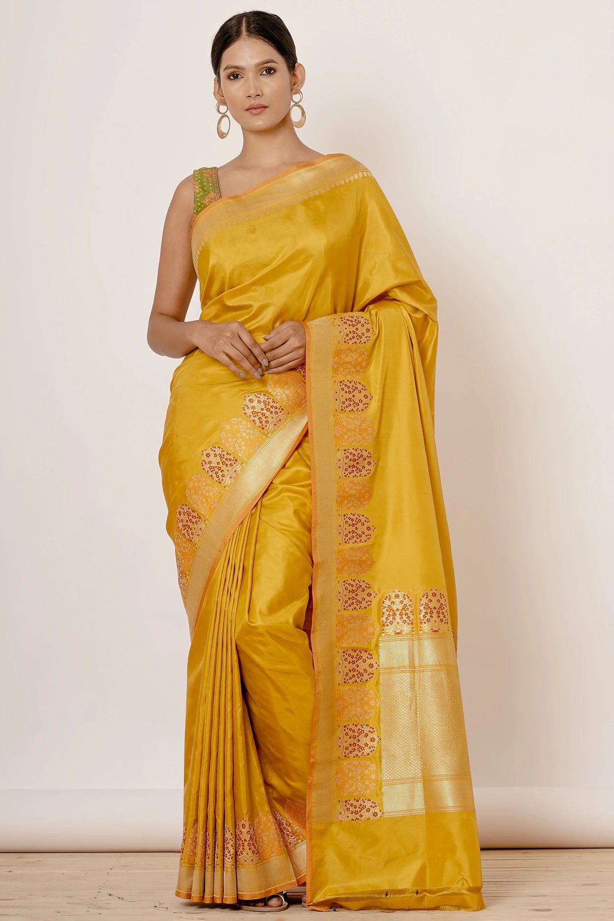 Mustard Yellow Banarasi Silk Saree with Green Blouse