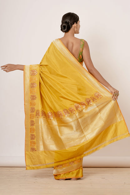 Mustard Yellow Banarasi Silk Saree with Green Blouse