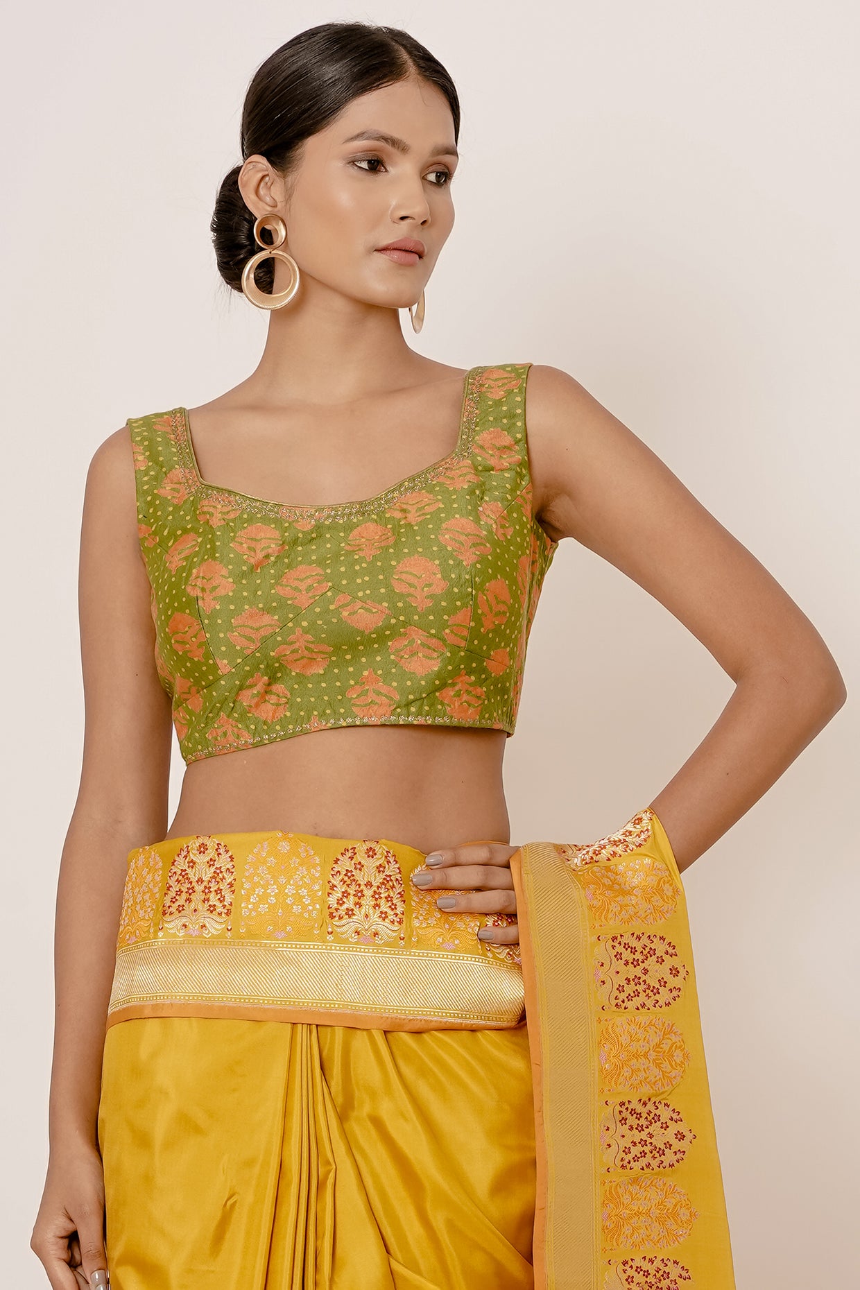Mustard Yellow Banarasi Silk Saree with Green Blouse