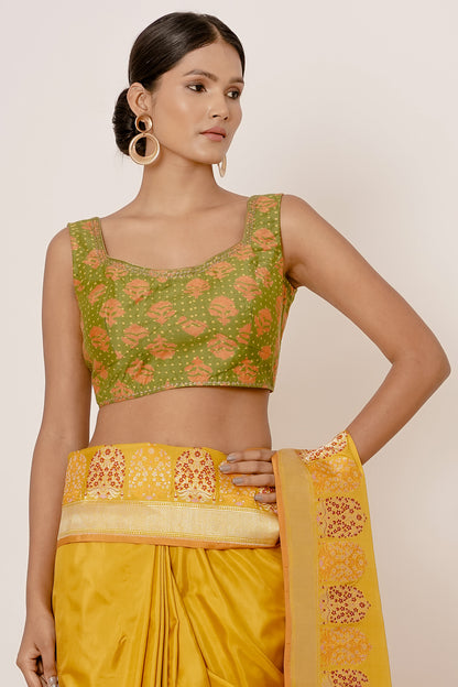 Mustard Yellow Banarasi Silk Saree with Green Blouse