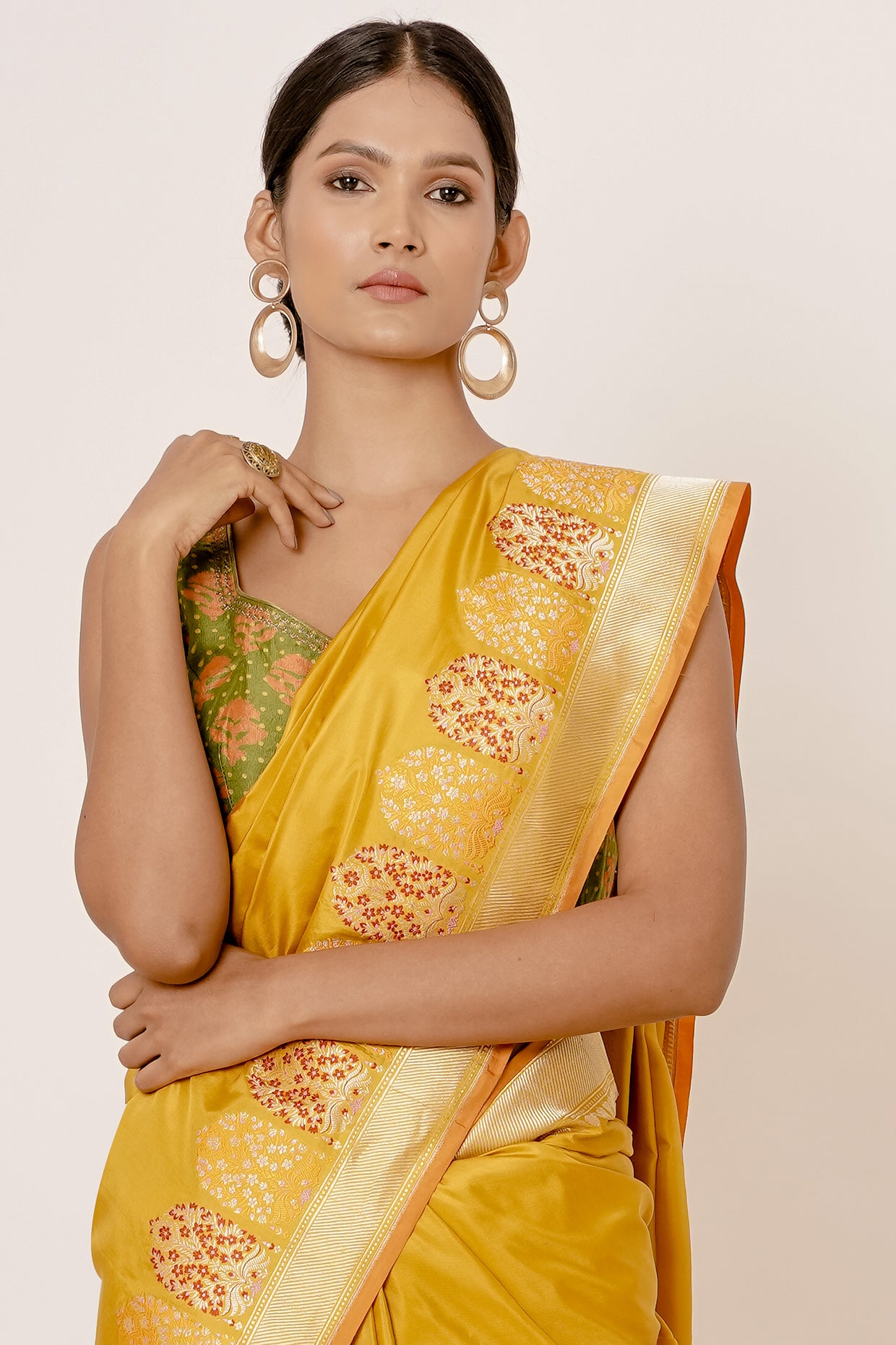 Mustard Yellow Banarasi Silk Saree with Green Blouse