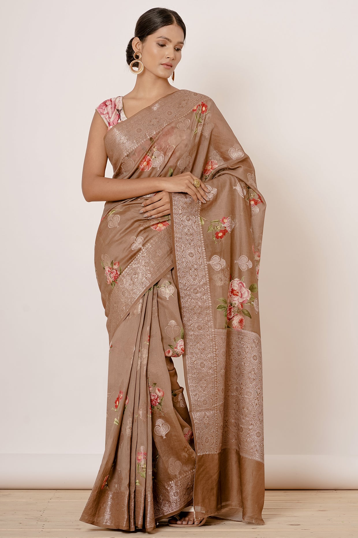 Gold Banarasi Silk Saree with Zari Motifs and Floral Motifs Digital Print all over