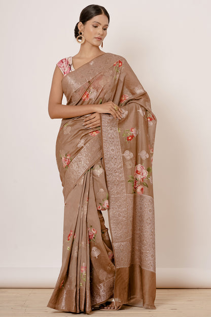 Gold Banarasi Silk Saree with Zari Motifs and Floral Motifs Digital Print all over
