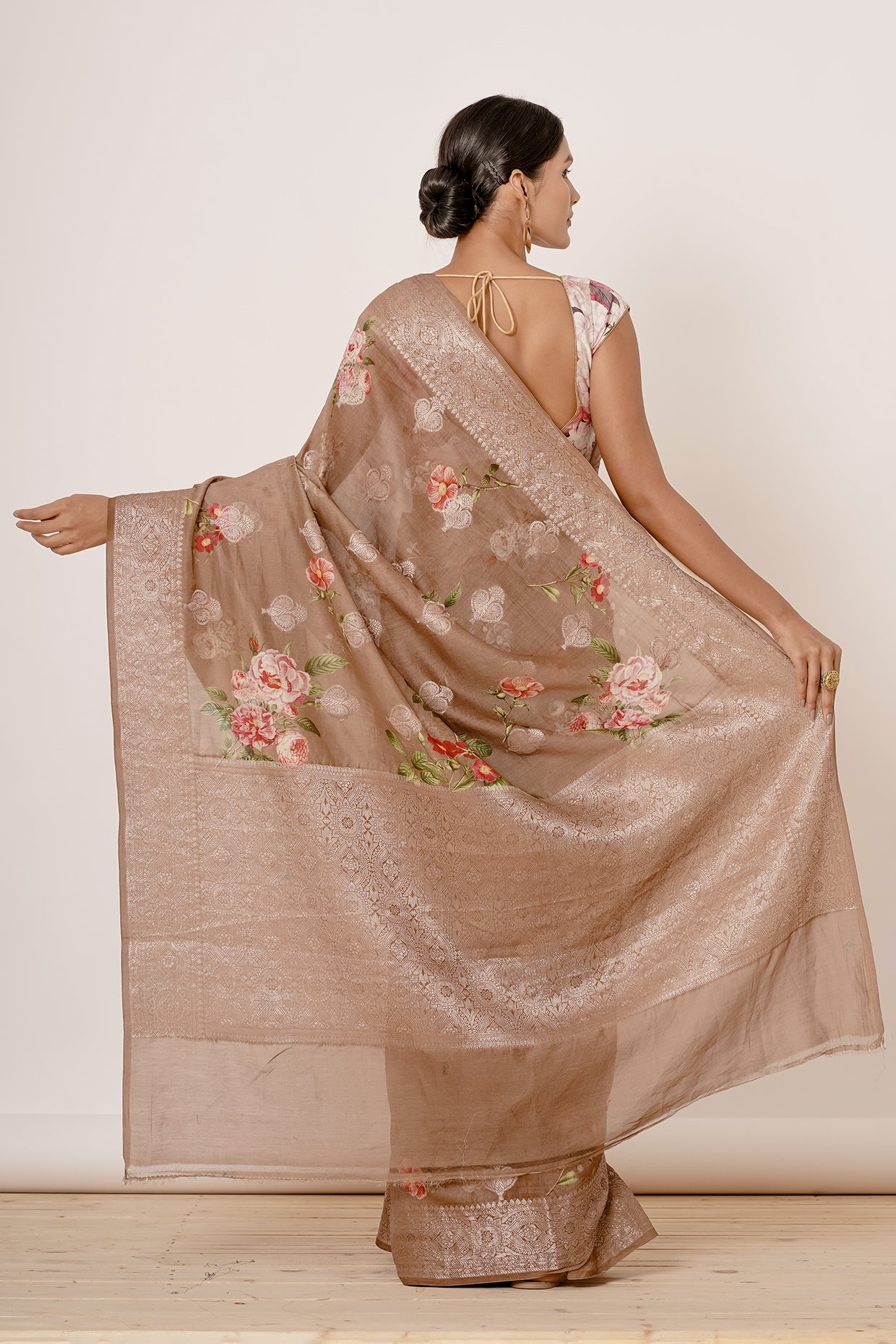 Gold Banarasi Silk Saree with Zari Motifs and Floral Motifs Digital Print all over