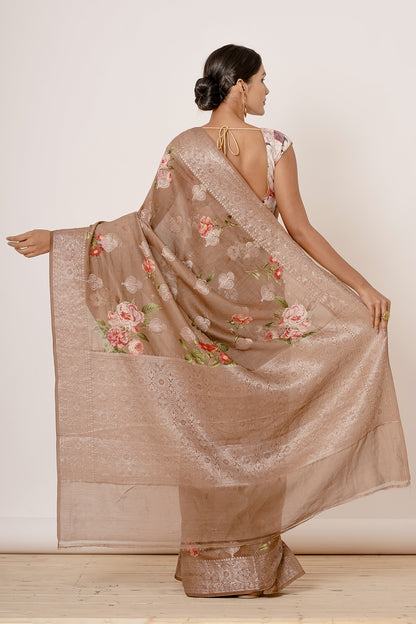 Gold Banarasi Silk Saree with Zari Motifs and Floral Motifs Digital Print all over