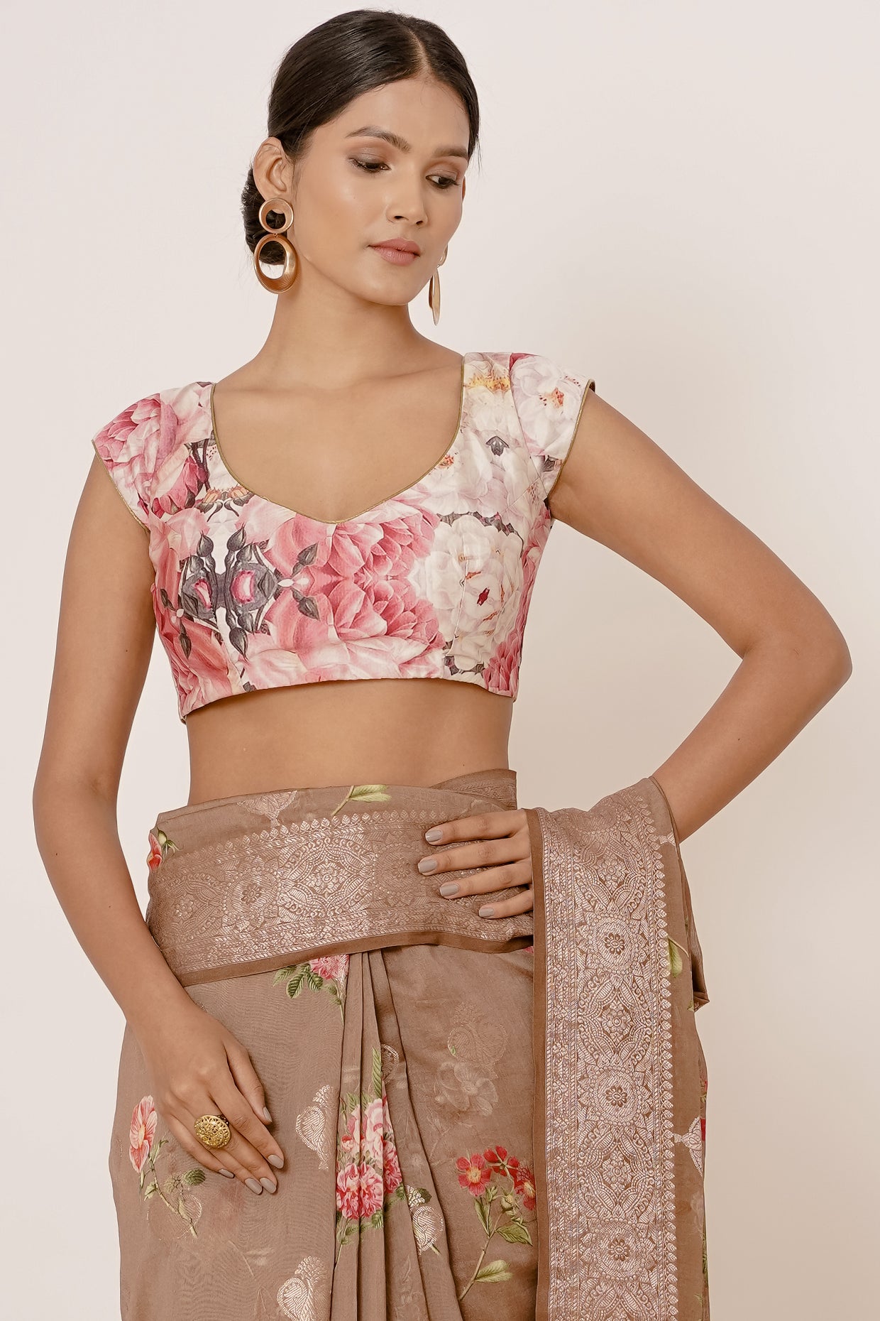 Gold Banarasi Silk Saree with Zari Motifs and Floral Motifs Digital Print all over