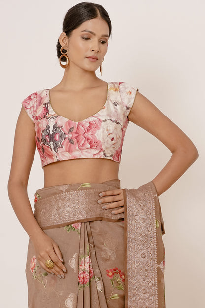 Gold Banarasi Silk Saree with Zari Motifs and Floral Motifs Digital Print all over