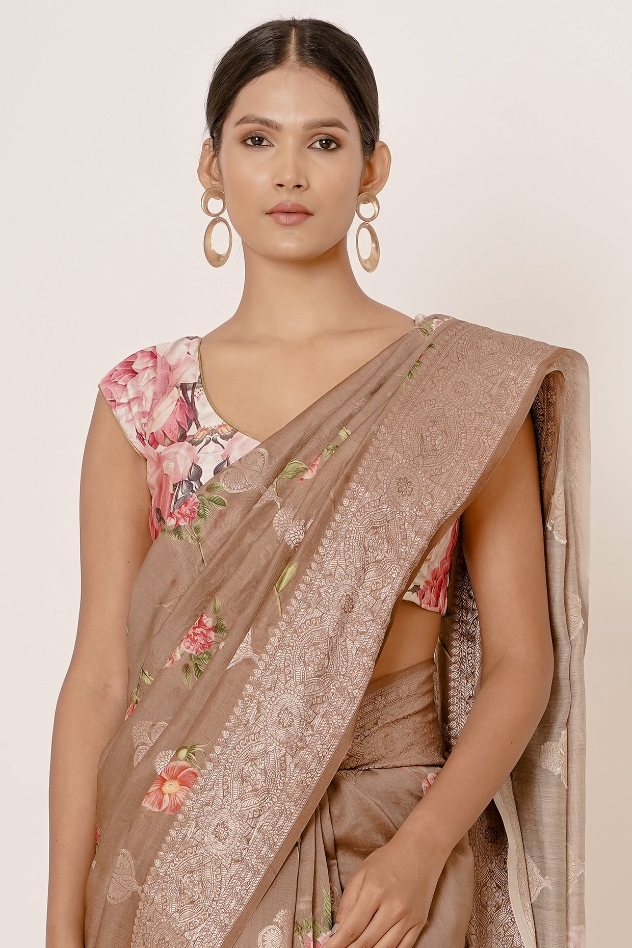 Gold Banarasi Silk Saree with Zari Motifs and Floral Motifs Digital Print all over