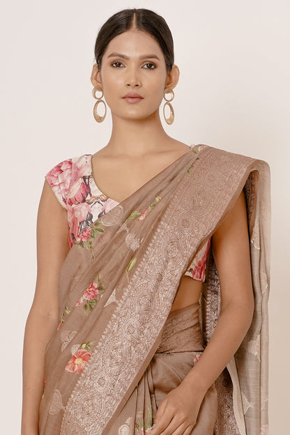 Gold Banarasi Silk Saree with Zari Motifs and Floral Motifs Digital Print all over