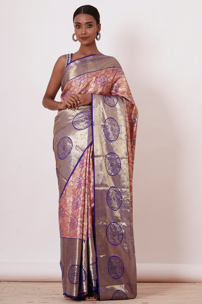 Dusty Peach Dharamavarm Silk Saree with Purple Border
