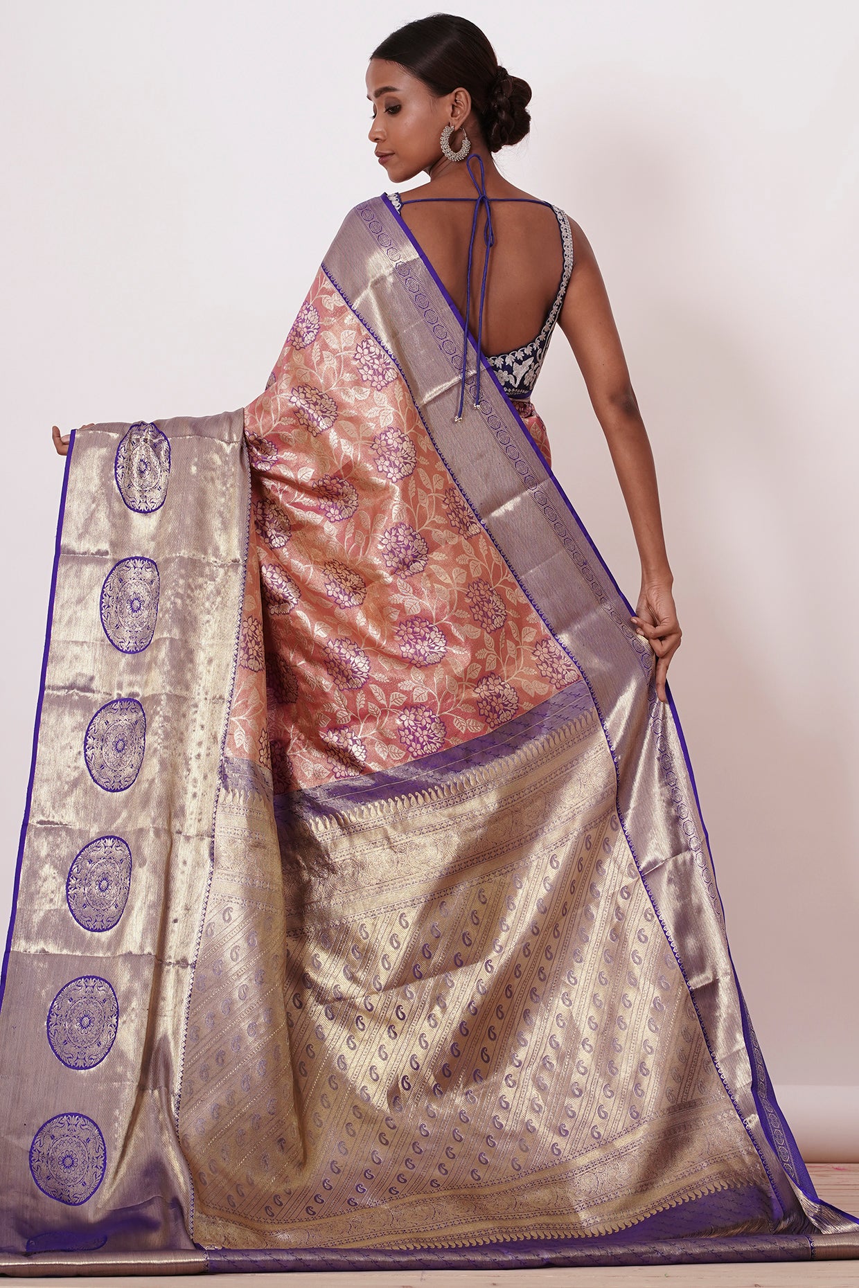 Dusty Peach Dharamavarm Silk Saree with Purple Border