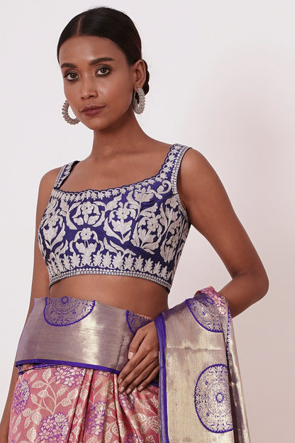 Dusty Peach Dharamavarm Silk Saree with Purple Border