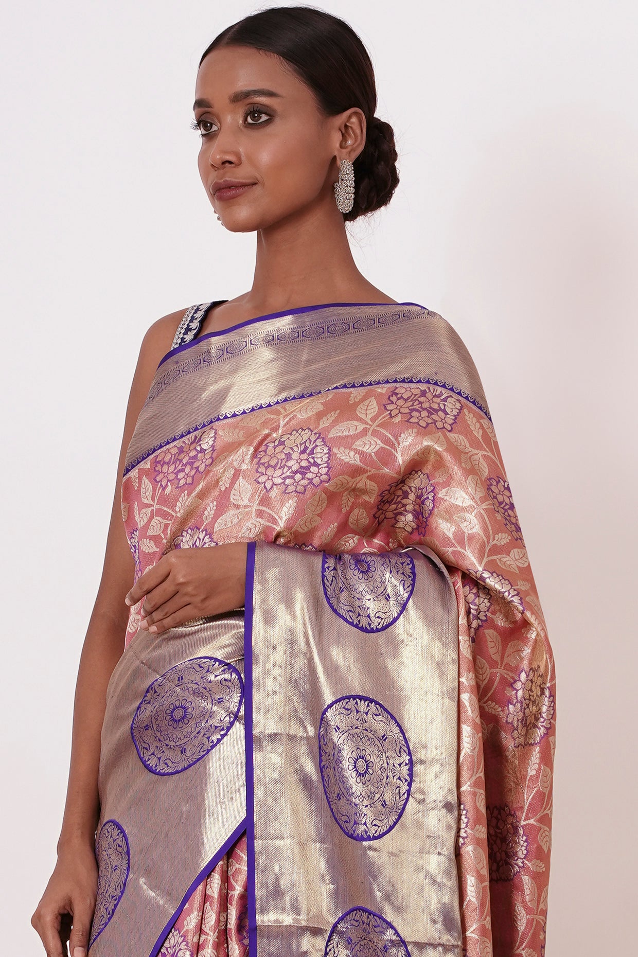 Dusty Peach Dharamavarm Silk Saree with Purple Border