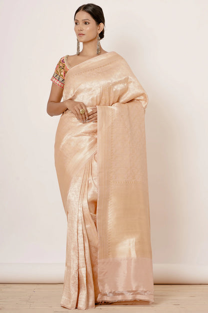 Light Peach Saree with Gold Floral Embroidered Blouse