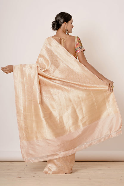 Light Peach Saree with Gold Floral Embroidered Blouse