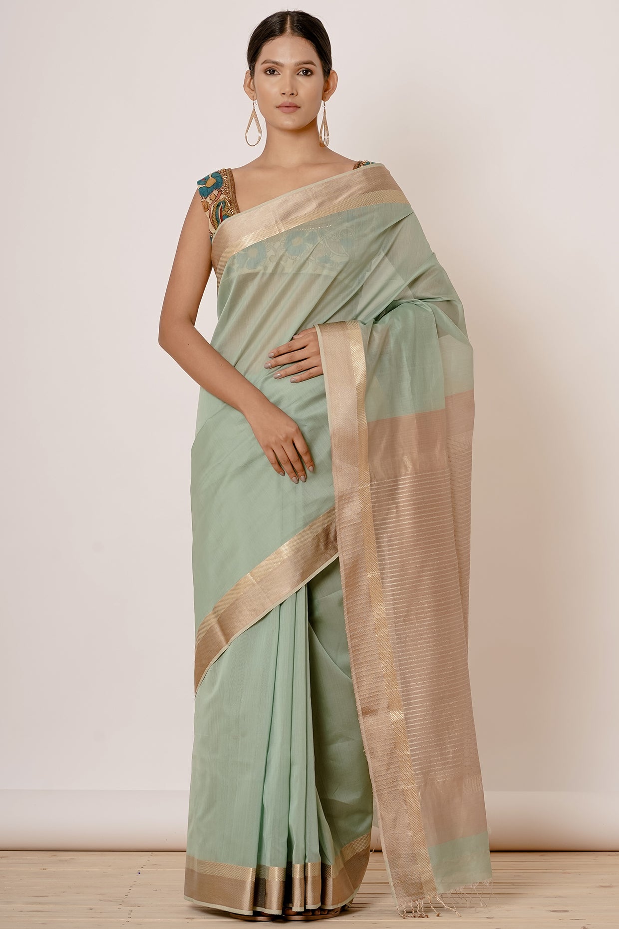 Dusty Turqoise Maheshwari Sari with Handpainted Kalamkari Blouse