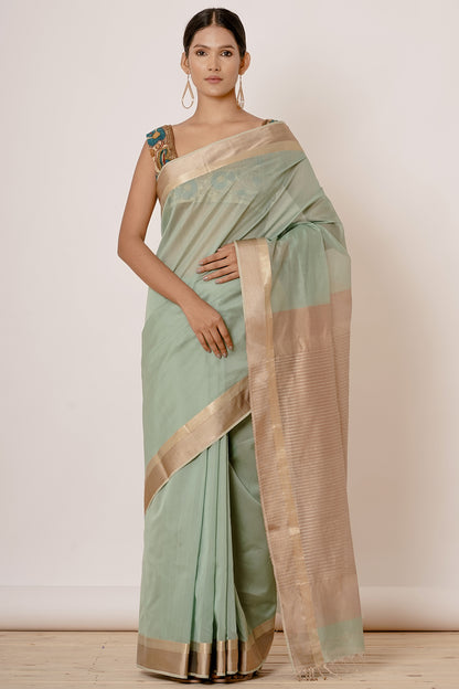 Dusty Turqoise Maheshwari Sari with Handpainted Kalamkari Blouse