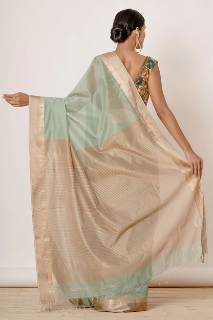 Dusty Turqoise Maheshwari Sari with Handpainted Kalamkari Blouse
