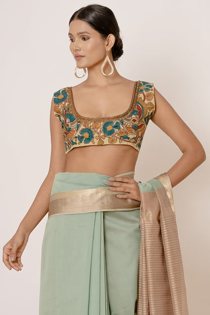 Dusty Turqoise Maheshwari Sari with Handpainted Kalamkari Blouse