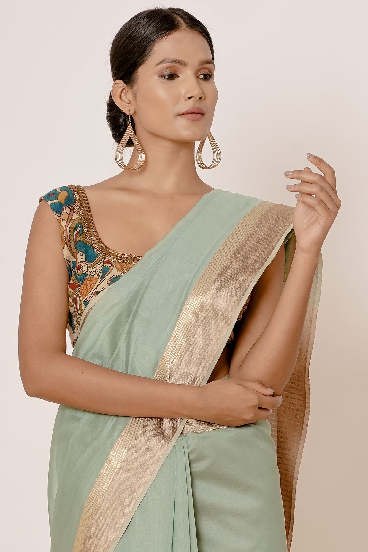 Dusty Turqoise Maheshwari Sari with Handpainted Kalamkari Blouse