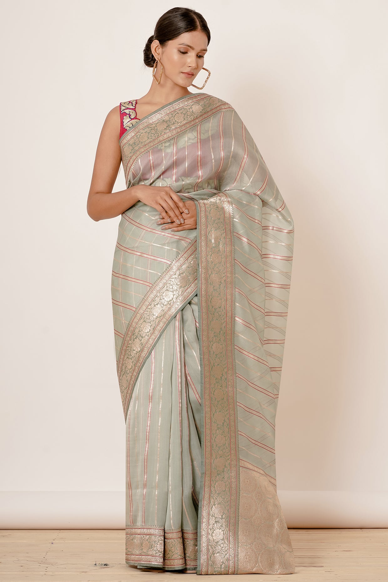 Dusty Blue Banarasi Silk Saree with Magenta Blouse with Applique work