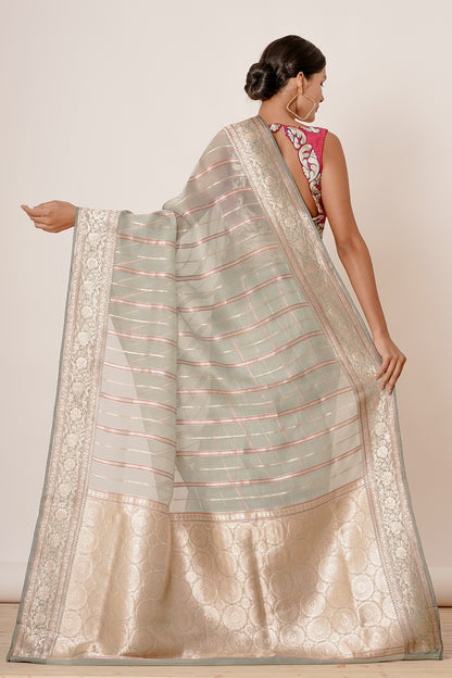 Dusty Blue Banarasi Silk Saree with Magenta Blouse with Applique work