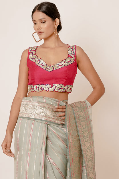 Dusty Blue Banarasi Silk Saree with Magenta Blouse with Applique work