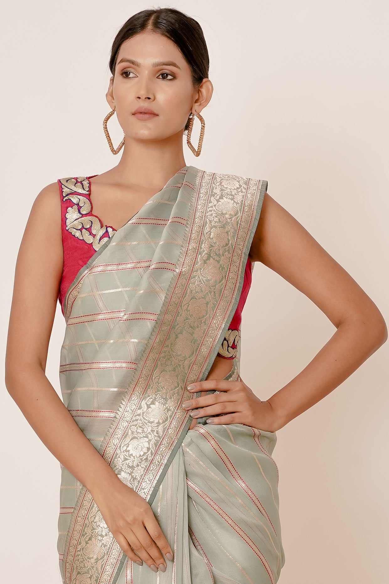 Dusty Blue Banarasi Silk Saree with Magenta Blouse with Applique work