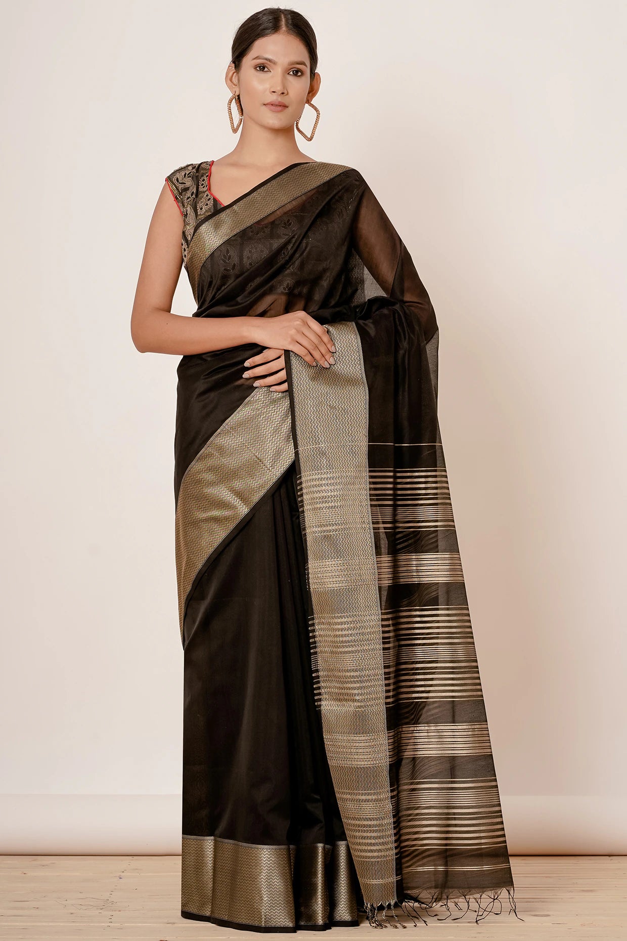 Black Maheshwari Silk Saree with Black Blouse