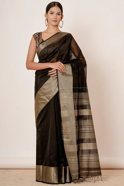 Black Maheshwari Silk Saree with Black Blouse
