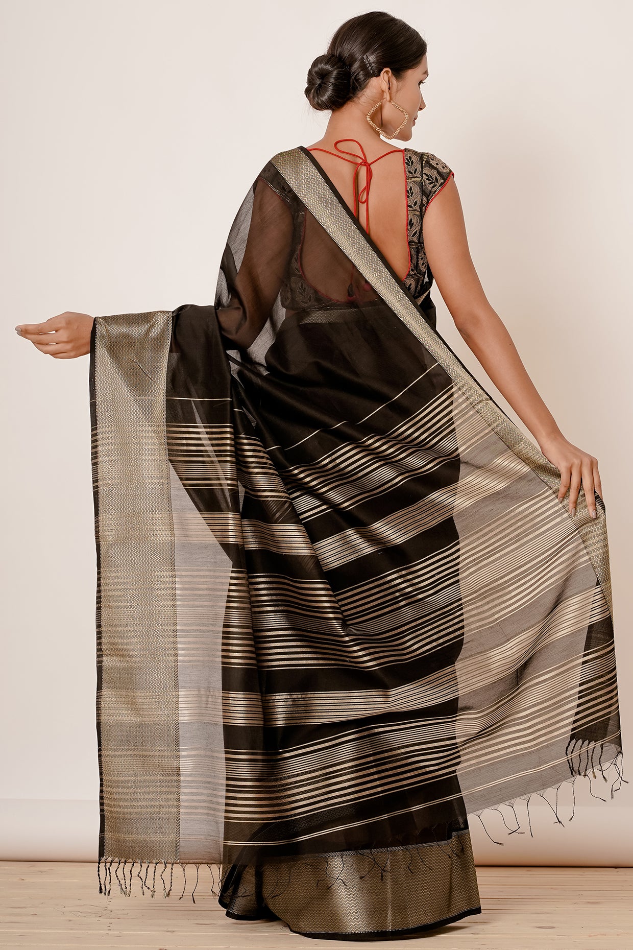 Black Maheshwari Silk Saree with Black Blouse