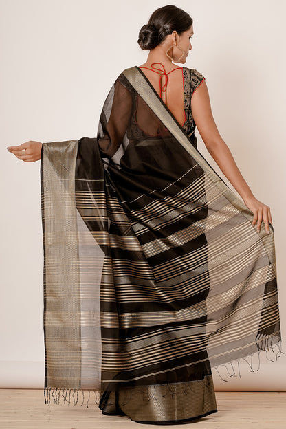 Black Maheshwari Silk Saree with Black Blouse