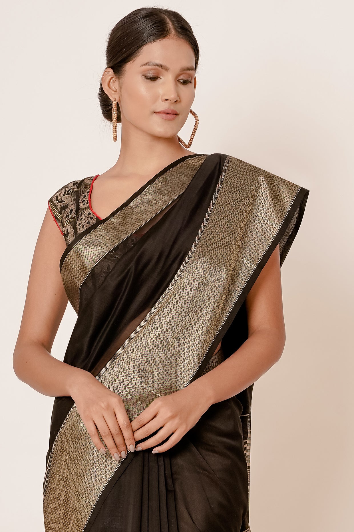 Black Maheshwari Silk Saree with Black Blouse
